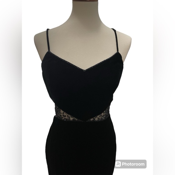 NWT Precious Formals Size 10 Black Velvet Gown with Sheer mid and back and beads - Picture 2 of 15